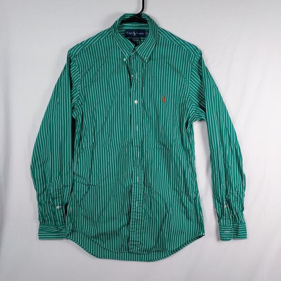Ralph Lauren Men’s M Custom Fit Green & White Stripe Button‑Down Shirt - Picture 1 of 7
